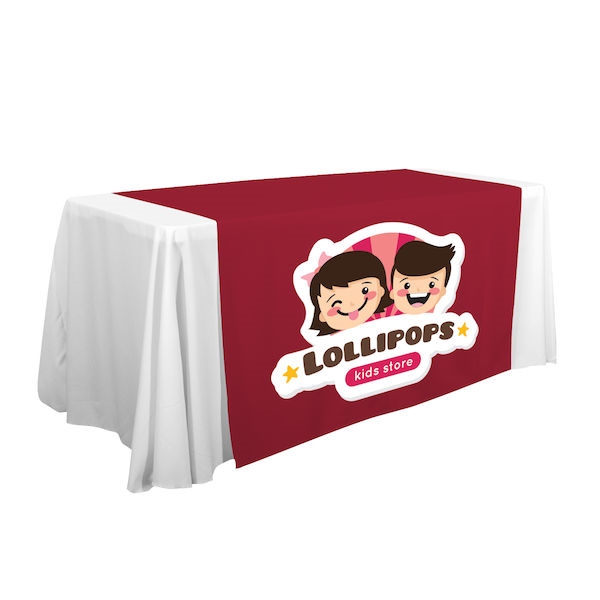 Complete your trade show or presentation with this 57in x 80in custom dye-sub printed table runner.   All of our custom tablecloths are printed with dye-sublimation to give brilliant, rich colors that command attention.