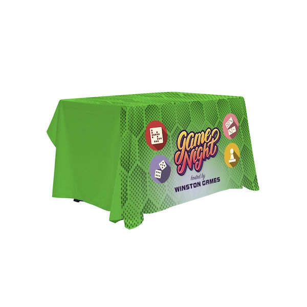 This 4ft Antimicrobial table throw offers a professional presentation at your next trade show or event.  This Draped Four Sided table cover features custom printed graphics that are dye-sub printed on polyester fabric for a beautiful brand presentation. O