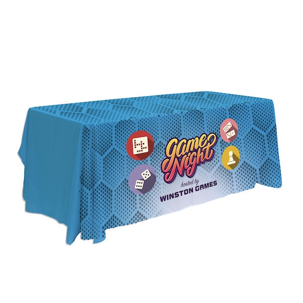 This 6ft Antimicrobial table throw offers a professional presentation at your next trade show or event.  This Draped Four Sided table cover features custom printed graphics that are dye-sub printed on polyester fabric for a beautiful brand presentation. O