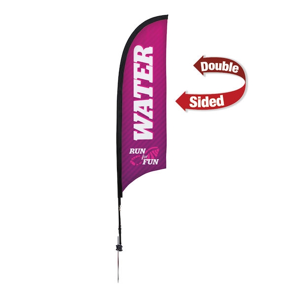 Outdoor promotional sail flags get your message noticed!  Custom printed 7ft Premium Razor marketing flags are perfect for events, trade shows, expos, fairs and in front of retail locations.