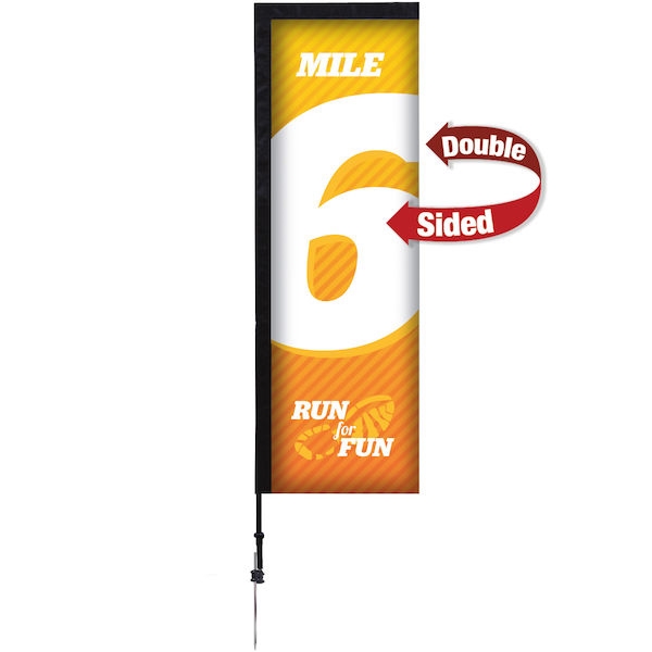 Outdoor promotional sail flags get your message noticed!  Custom printed 7ft Premium Rectangle marketing flags are perfect for events, trade shows, expos, fairs and in front of retail locations.