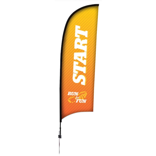 Outdoor promotional sail flags get your message noticed!  Custom printed 9ft Premium Razor marketing flags are perfect for events, trade shows, expos, fairs and in front of retail locations.