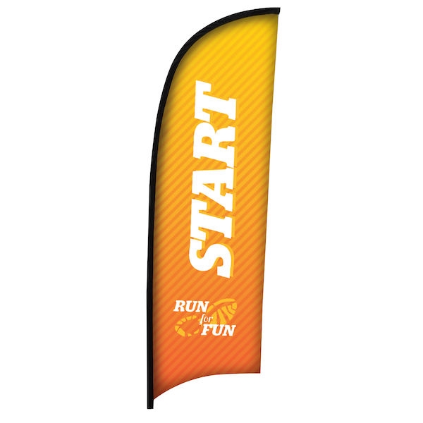 Outdoor promotional sail flags get your message noticed!  Custom printed 9ft Premium Razor marketing flags are perfect for events, trade shows, expos, fairs and in front of retail locations.