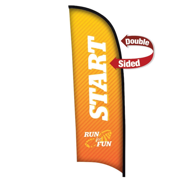 Outdoor promotional sail flags get your message noticed!  Custom printed 9ft Premium Razor marketing flags are perfect for events, trade shows, expos, fairs and in front of retail locations.