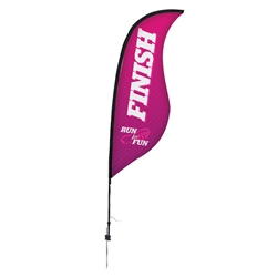 Outdoor promotional sail flags get your message noticed!  Custom printed 9ft Premium Sabre marketing flags are perfect for events, trade shows, expos, fairs and in front of retail locations.