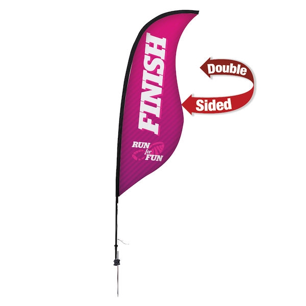 Outdoor promotional sail flags get your message noticed!  Custom printed 9ft Premium Sabre marketing flags are perfect for events, trade shows, expos, fairs and in front of retail locations.