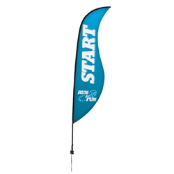 Outdoor promotional sail flags get your message noticed!  Custom printed 13ft Premium Sabre marketing flags are perfect for events, trade shows, expos, fairs and in front of retail locations.