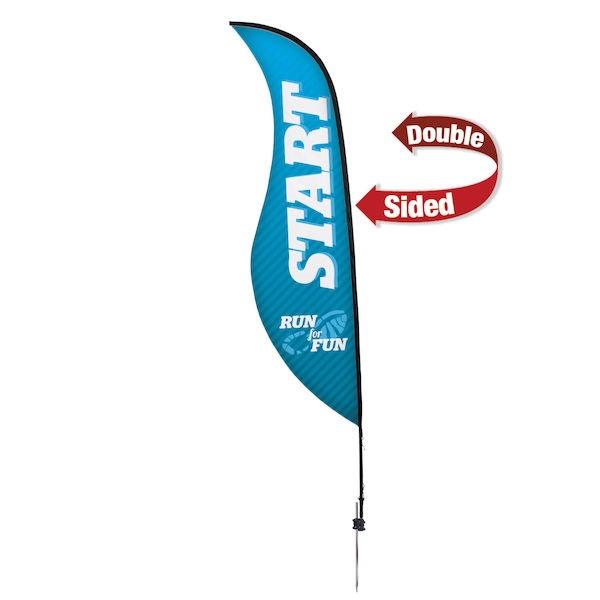 Outdoor promotional sail flags get your message noticed!  Custom printed 13ft Premium Sabre marketing flags are perfect for events, trade shows, expos, fairs and in front of retail locations.