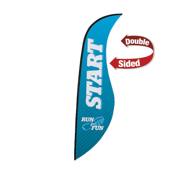 Outdoor promotional sail flags get your message noticed!  Custom printed 13ft Premium Sabre marketing flags are perfect for events, trade shows, expos, fairs and in front of retail locations.