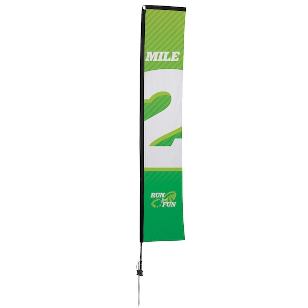 Outdoor promotional sail flags get your message noticed!  Custom printed 14.5ft Premium Rectangle marketing flags are perfect for events, trade shows, expos, fairs and in front of retail locations.