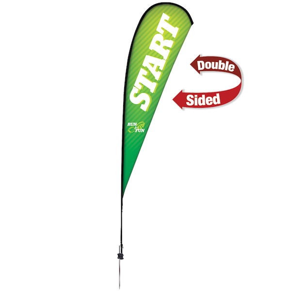 Outdoor promotional sail flags get your message noticed!  Custom printed 15ft Premium Teardrop marketing flags are perfect for events, trade shows, expos, fairs and in front of retail locations.