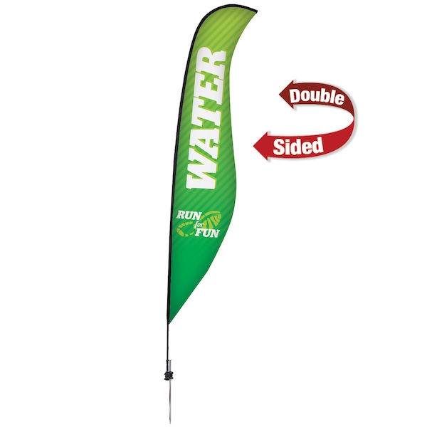 Outdoor promotional sail flags get your message noticed!  Custom printed 17ft Premium Sabre marketing flags are perfect for events, trade shows, expos, fairs and in front of retail locations.