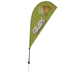 Outdoor promotional sail flags get your message noticed!  Custom printed 6.5ft Value Teardrop marketing flags are perfect for events, trade shows, expos, fairs and in front of retail locations.