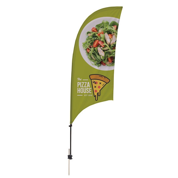 Outdoor promotional sail flags get your message noticed!  Custom printed 7.5ft Value Razor marketing flags are perfect for events, trade shows, expos, fairs and in front of retail locations.