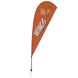Outdoor promotional sail flags get your message noticed!  Custom printed 9.5ft Value Teardrop marketing flags are perfect for events, trade shows, expos, fairs and in front of retail locations.