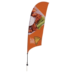 Outdoor promotional sail flags get your message noticed!  Custom printed 10.5ft Value Razor marketing flags are perfect for events, trade shows, expos, fairs and in front of retail locations.