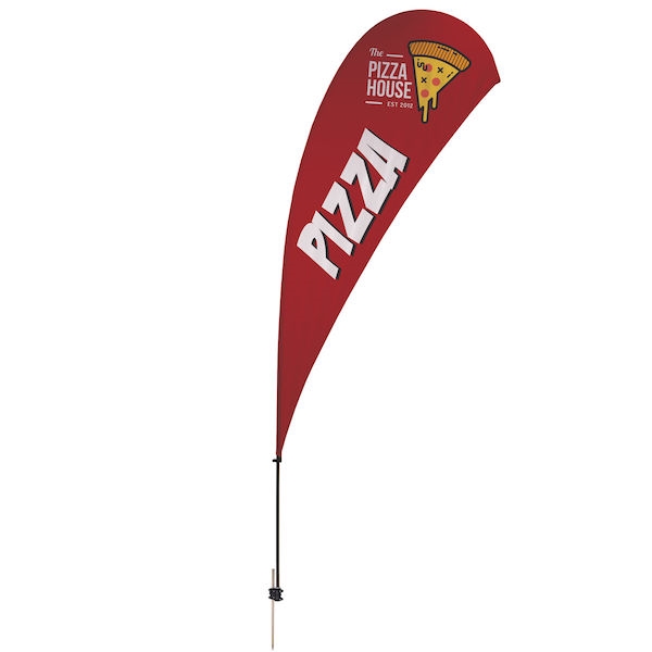 Outdoor promotional sail flags get your message noticed!  Custom printed 13ft Value Teardrop marketing flags are perfect for events, trade shows, expos, fairs and in front of retail locations.