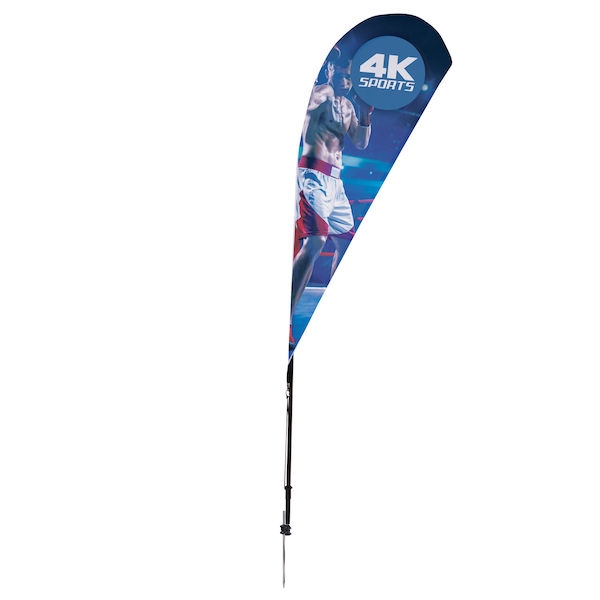 Outdoor promotional sail flags get your message noticed!  Custom printed 6ft Streamline Teardrop marketing flags are perfect for events, trade shows, expos, fairs and in front of retail locations.