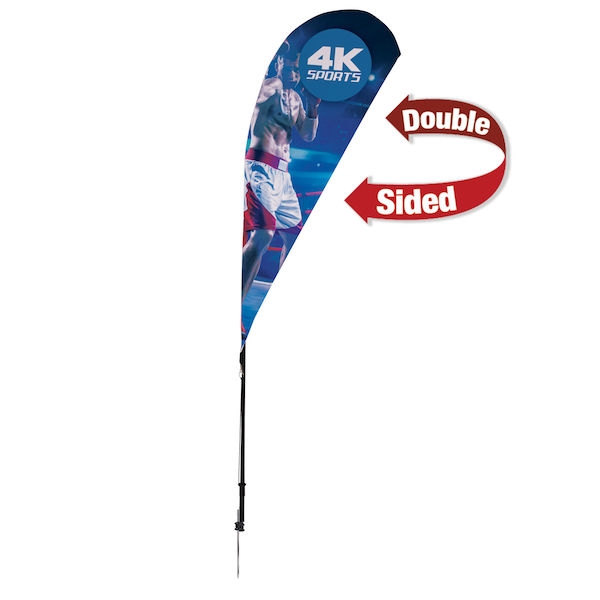 Outdoor promotional sail flags get your message noticed!  Custom printed 6ft Streamline Teardrop marketing flags are perfect for events, trade shows, expos, fairs and in front of retail locations.