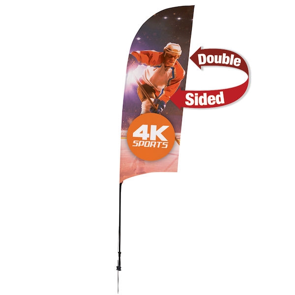 Outdoor promotional sail flags get your message noticed!  Custom printed 9ft Streamline Razor marketing flags are perfect for events, trade shows, expos, fairs and in front of retail locations.