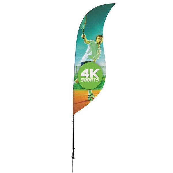 Outdoor promotional sail flags get your message noticed!  Custom printed 9ft Streamline Sabre marketing flags are perfect for events, trade shows, expos, fairs and in front of retail locations.