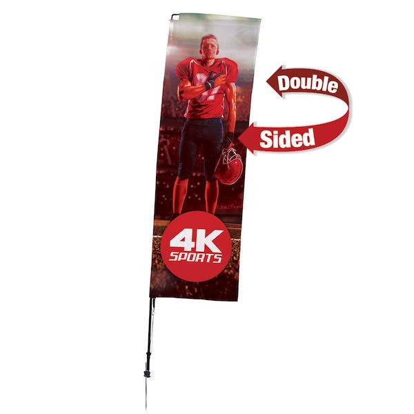 Outdoor promotional sail flags get your message noticed!  Custom printed 10ft Streamline Rectangle marketing flags are perfect for events, trade shows, expos, fairs and in front of retail locations.