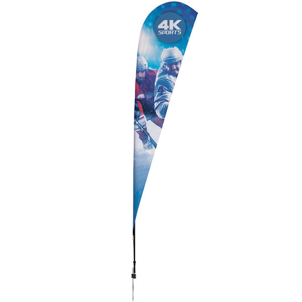 Outdoor promotional sail flags get your message noticed!  Custom printed 11.5ft Streamline Teardrop marketing flags are perfect for events, trade shows, expos, fairs and in front of retail locations.