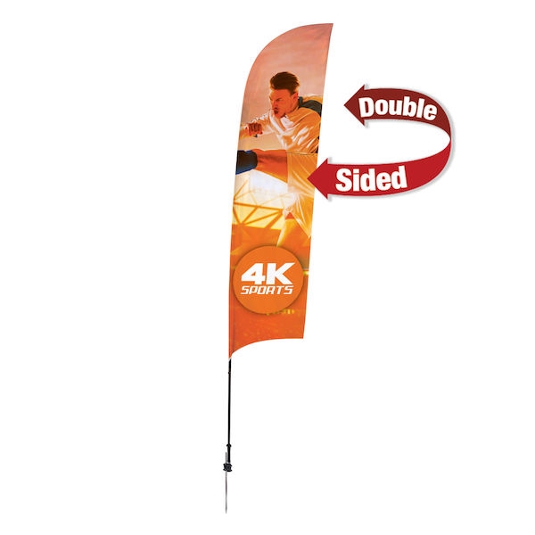 Outdoor promotional sail flags get your message noticed!  Custom printed 13ft Streamline Razor marketing flags are perfect for events, trade shows, expos, fairs and in front of retail locations.