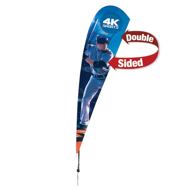 Outdoor promotional sail flags get your message noticed!  Custom printed 15ft Streamline Teardrop marketing flags are perfect for events, trade shows, expos, fairs and in front of retail locations.