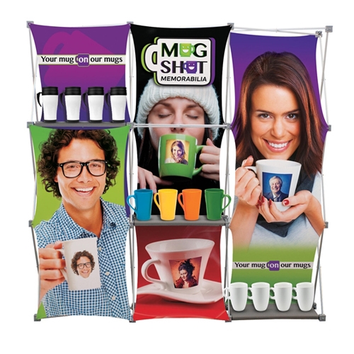 8ft Deluxe Geometrix Fabric Trade Show Exhibit Kit with 4 Banners and Double-Sided Backwall. is one of the more unique display offerings at xyzDisplays. Double sided trade show exhibit combined with dye sublimation fabric graphics, to create new marketing