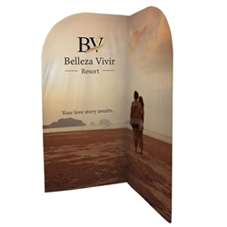 3.2ft x 6.5 x 3.5ft (L) EuroFit Backwall Corner Tension Fabric Double-Sided Display Kit will command attention at any trade show or event.  EuroFit backwall corner is a simple add on display that can transform your standard backwall into a complete exhibi