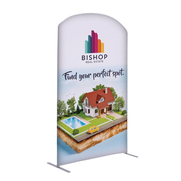 4ft x 7ft EuroFit Arc Kit. These double-sided displays weigh 75% less than standard pop-up displays.