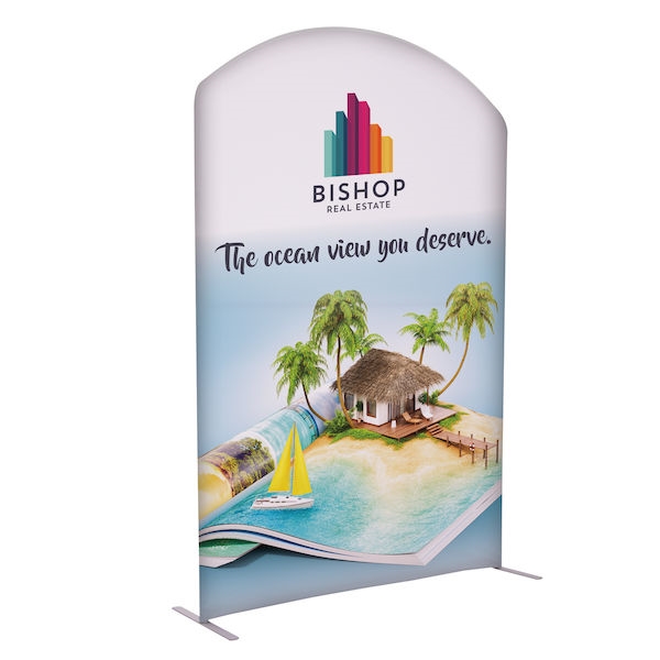 5ft x 7ft EuroFit Arc Kit. These double-sided displays weigh 75% less than standard pop-up displays.