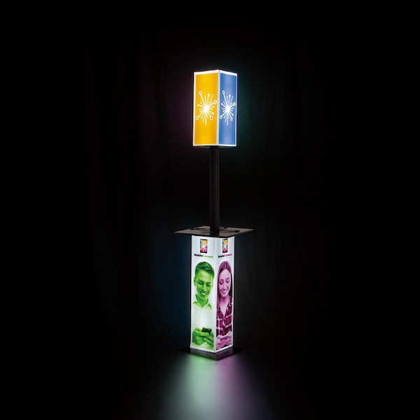 20in x 90in  ShowGlower Power Tower Display (Graphic & Hardware). 
The lamppost design of this charging station makes it hard to miss, and it lights up to complete the look.