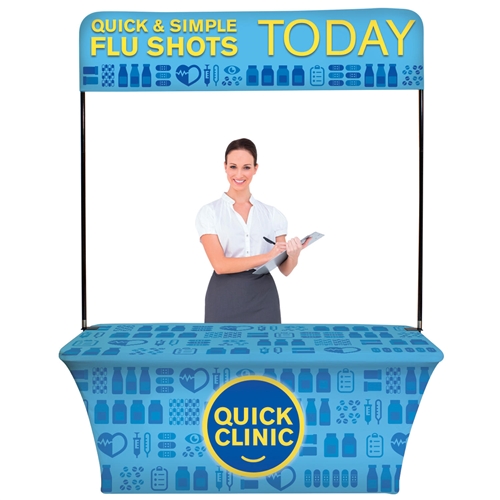 6ft Over The Top Header Trade Show Display Kit. Our largest most stylish table top display lets you create multiple looks with just one frame. Adjustable header backing graphic for use on table top displays. Optional Floor Base for Over The Top Display