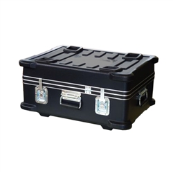 929 Shippable Rugged Transit Case, Molded polyethylene construction, Protruding corners protect hardware, Aluminum tongue-and-groove closure with gasket, Recessed turn fasteners, Padlockable, Steel rubber grip spring-loaded handle, Full length hinge, Mold