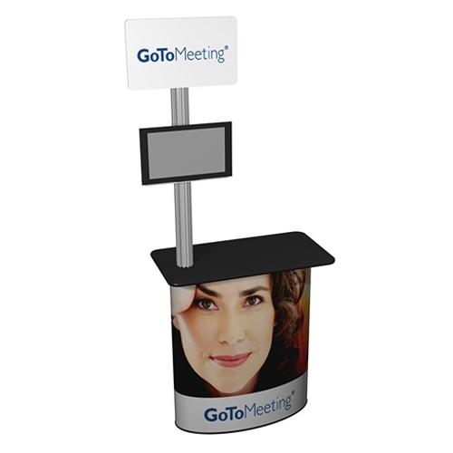 SOLO Pronto Post Counter with Full Graphic Wrap will serve perfectly as a workstation and mount for your monitor at your next trade show or retail display. Header sign will serve as a great marketing tool. Use it with other counters, podiums, workstations