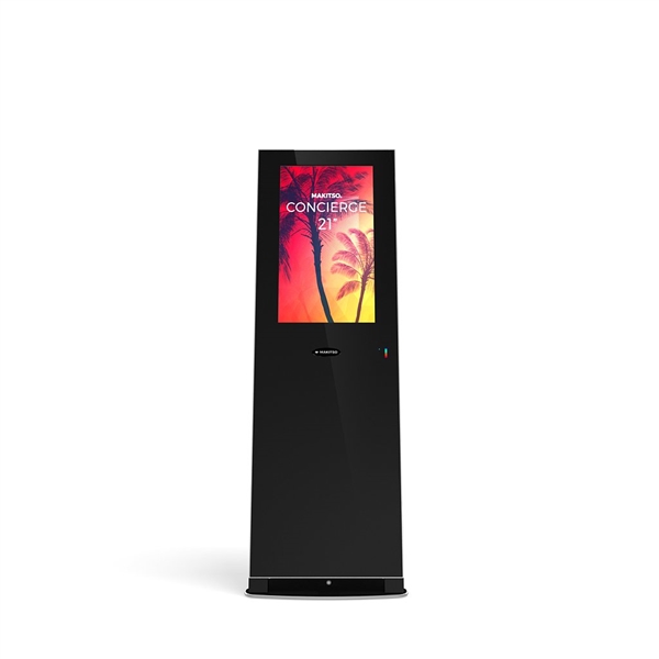 21.5in Makitso Concierge Kiosk Black with Touch Screen. The front face the Makitso Concierge is protected with a 5mm thick tempered safety glass which can be printed on the reverse side with vibrant color.