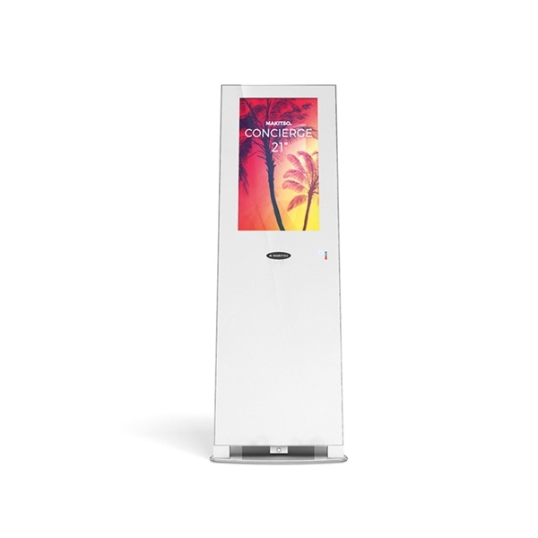 21.5in Makitso Concierge White Kiosk with Touch Screen. The front face the Makitso Concierge is protected with a 5mm thick tempered safety glass which can be printed on the reverse side with vibrant color.