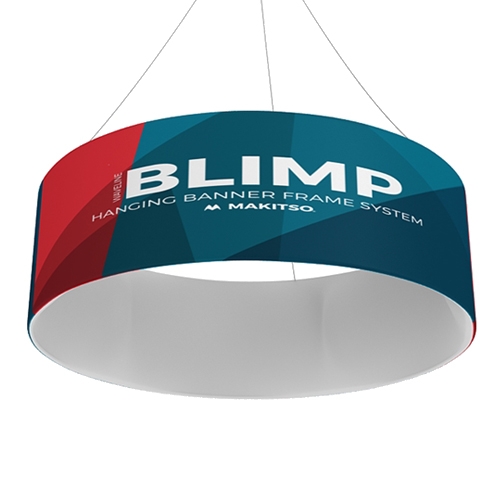 10ft x48in Single Sided MAKITSO Blimp Circle Hanging Tension Fabric Banner. It's easy for trade show booths to get lost in the crowd. Create excitement and make your booth more visible by displaying our custom Ceiling Hanging Banner Displays