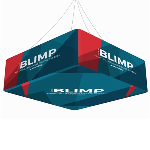 15ft x 42in MAKITSO Blimp Quad Hanging Tension Fabric Banner Single Sided with Printed Bottom. Blimp Quad Square Hanging Sign is an impressive and affordable trade show and exhibit hanging sign with high quality graphic