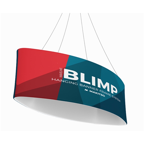 10ft x 42in MAKITSO Blimp Ellipse Hanging Tension Fabric Banner Single Sided. Hanging Banner Displays: high-quality print graphic, lightweight aluminum frame, largest variety of Ellipse Hanging signs for trade shows.