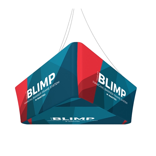 10ft x 42in MAKITSO Blimp Trio Tapered Hanging Tension Fabric Banner with Printed Bottom. Blimp series of hanging signs and displays is an affordable solution for the trade shows. The sign combine the high quality materials with a new lower price.