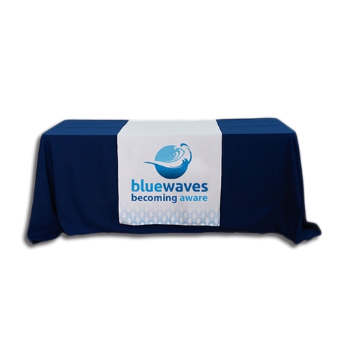 Sylish and elegant, this 30in x 84in Draped table runner elevates your brand presentaiton at any trade show or event space.  All table cloths are custom printed using dye-sub technology, utilize wrinkel resistant fabric and are washable for easy care.