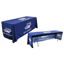 Sylish and elegant, this 8ft Draped table throw with Open Back elevates your brand presentaiton at any trade show or event space.  All table cloths are custom printed using dye-sub technology, utilize wrinkel resistant fabric and are washable for easy car