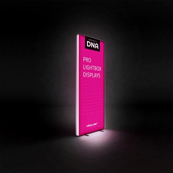 The 3ft wide x 8ft tall Infinity DNA Pro 950L Lightbox Display creates for an illuminated trade show booth that projects you message on the exhibit floor. This kit features backlit hardware, double-sided custom graphics and display shipping case.