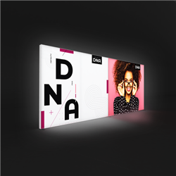 The 20ft wide x 8ft tall Infinity DNA Pro 3000l Lightbox Display creates for an illuminated trade show booth that projects you message on the exhibit floor.  This kit features backlit hardware, single-sided custom graphics and display shipping case.