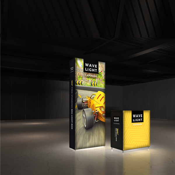 Breathe new light into your exhibit or retail space with Wavelight Casonara Light Box displays! These backlit trade show walls feature vibrant tension fabric graphics, illuminated from the inside out for max booth visibility. This double-sided 3ft x 8ft b