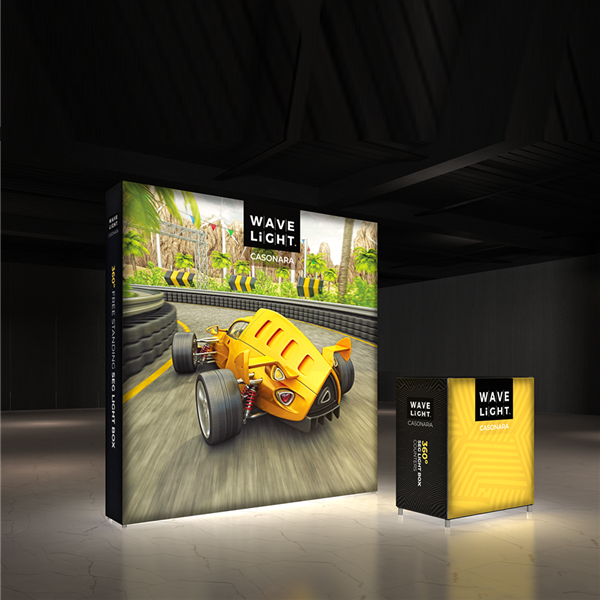 Breathe new light into your exhibit or retail space with Wavelight Casonara Light Box displays! These backlit trade show walls feature vibrant tension fabric graphics, illuminated from the inside out for max booth visibility. This double-sided 8ft x 8ft b