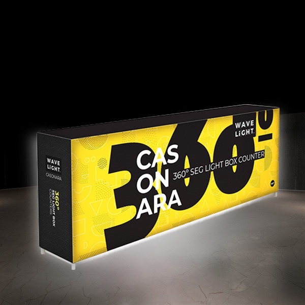 Breathe new light into your exhibit or retail space with Wavelight Casonara Light Box Counters. These backlit counters feature vibrant tension fabric graphics, illuminated from the inside out for max visibility at the trade show or convention . This 10ft